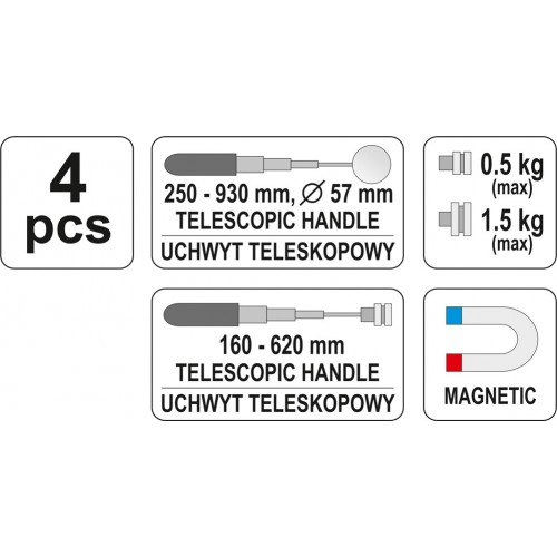 Проверочный набор держатель + зеркало, длина: 160-620мм, 250-930мм