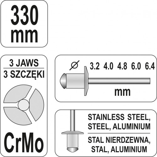 Заклепочник силовой двуручный, 3.2, 4.0,4.8, 6.0, 6.4. YATO YT-3609
