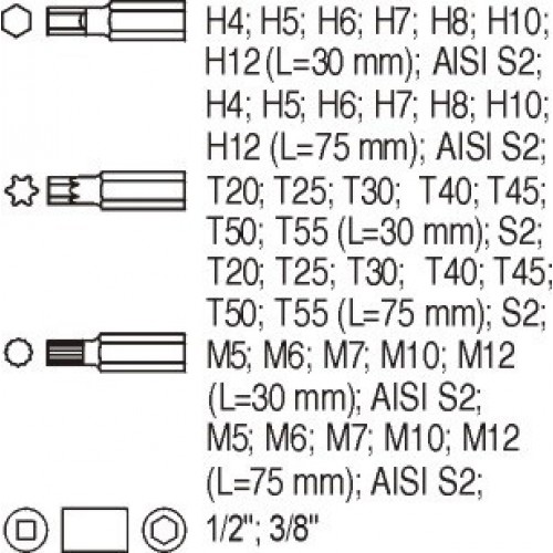Набор бит в ложементе, переходники 3/8", 1/2", 40 пр. YATO YT-5538