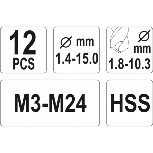 Екстрактори та свердла по металу 12шт., розмір: 1.4-3.6, 2.1-4.9, 3.1-6.5, 4.8-8.8, 6.2-11, 9.4-15мм