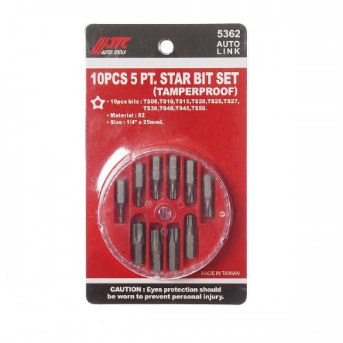Набор бит 1/4" TORX TS08-TS50 с отверстием 10ед.