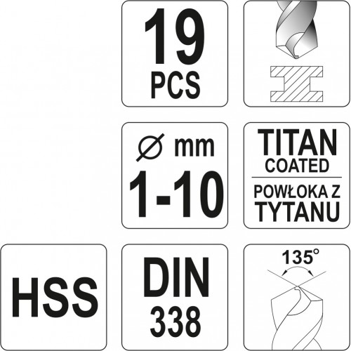 Набор сверл по металлу HSS-tin 19 шт. 1-10мм