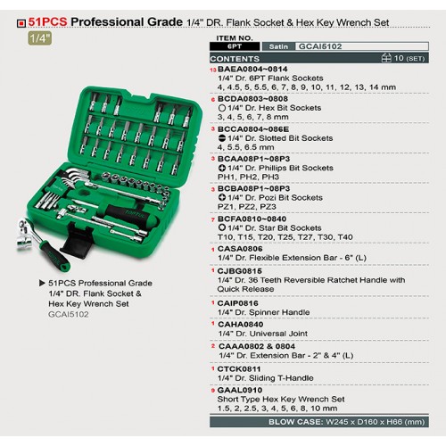 Набор инструмента комбинированный 1/4" 51ед. TOPTUL GCAI5102
