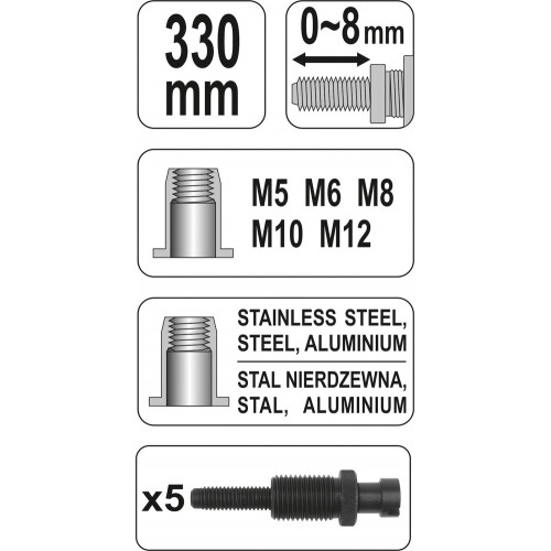 Заклепочник для резьбовых заклепок,м5, м6, м8, м10, м12. YATO YT-3612