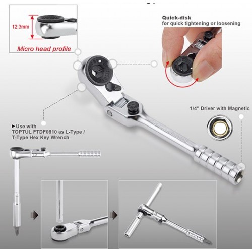 Трещотка 1/4" мини 60 зубцов с шарниром (исп. с FTDF0810) TOPTUL CHEV0811