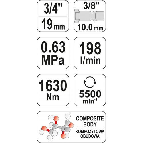 Пневматический гайковерт, квадрат: 3/4'', максимальное усилие 1630 нм. YATO YT-09571