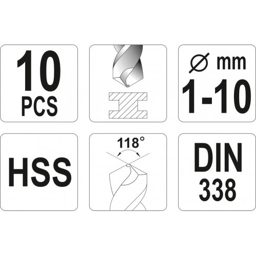 Набор сверл по металлу HSS 10 шт., диаметр: 1 ,2, 3, 4 , 5, 6, 7, 8, 9, 10мм