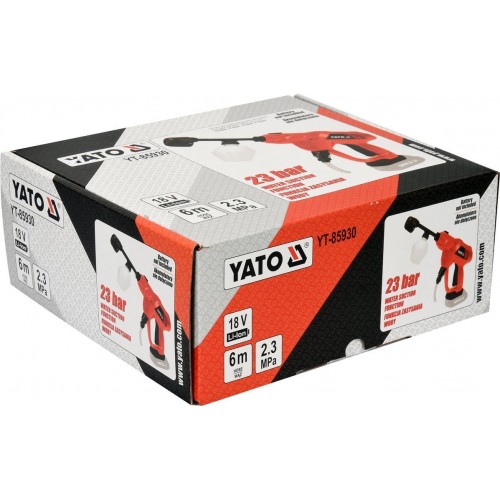 Мойка високого давления акумуляторная Li-Ion 18В, 23 БАР YATO: P= 2.3 МПа,