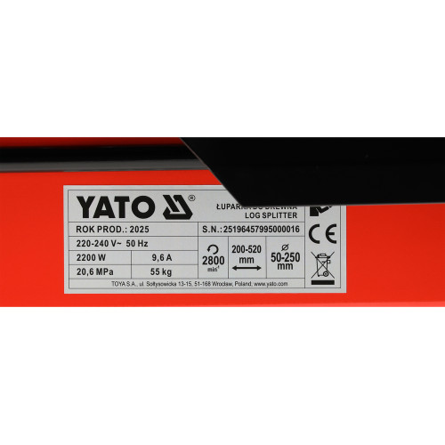 Дровокол электрический YATO 230 В, 2.2 кВт, 5 т, полено 200-520 мм, Ø50-250 мм YT-79950