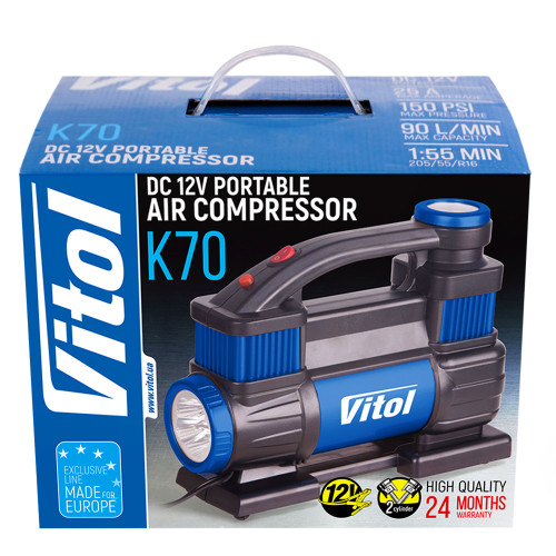 Компрессор "ViTOL" К-70 150psi/23Amp/90л/2 цилиндра/шланг 5,0м/клеммное подключение K-70