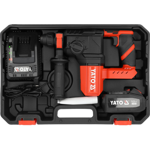 Перфоратор акумуляторний YATO SDS+ Li-Ion 18 В 4 АГод , J=2.5 Дж, Ø≤22 мм в бетоні, 3 режими в футля