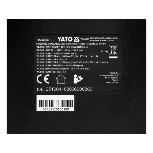Портативная электростанция YATO LiFePO4 3600 Вт макс. 7000 Вт, 3072 Вт·ч 230V AC / USB YT-83096