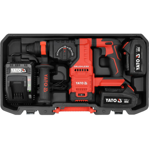 Перфоратор аккумуляторный YATO SDS+ 18 В, 2×4 А·ч, 2.8 Дж, до 26 мм (бетон), 3 режима YT-827724