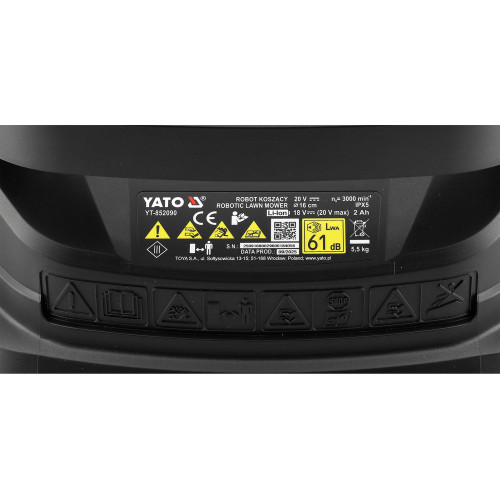 Газонокосарка робот акумуляторна YATO Li-Ion 20 В 2 А·год, площа до 300 м², ширина покосу 16 см, висота 20-50 мм YT-852090