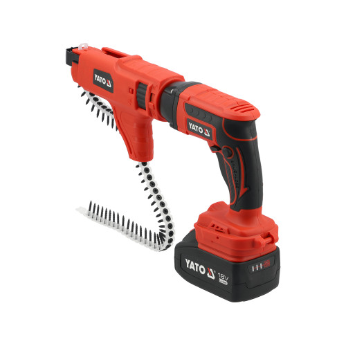 Шуруповерт YATO для гипсокартона аккумуляторный 18 В 4 Ач, лента 3,5-4,2 мм, 25-55 мм YT-82075