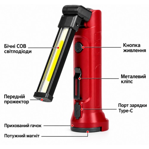 Многофункциональный аккумуляторный фонарь COB 350 лм, USB Type-C, IP65 WK071