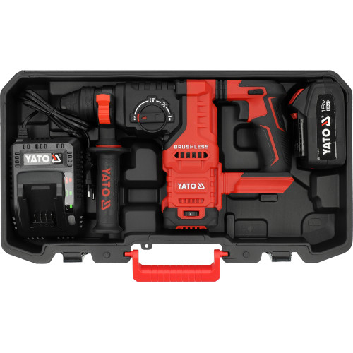 Перфоратор аккумуляторный YATO SDS+ 18 В, 4 А·ч, 2.8 Дж, до 26 мм (бетон), 3 режима YT-827725