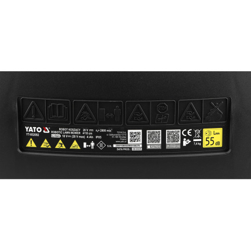 Газонокосарка робот акумуляторна YATO Li-Ion 20 В 4 А·год, площа до 800 м², ширина покосу 18 см, висота 20-60 мм YT-852092