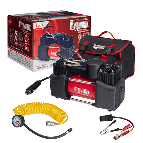 Компрессор "Штурмовик" AC-74 150psi/15Amp/85л/2 цилиндра/PU шланг 5,0м с дефлятором