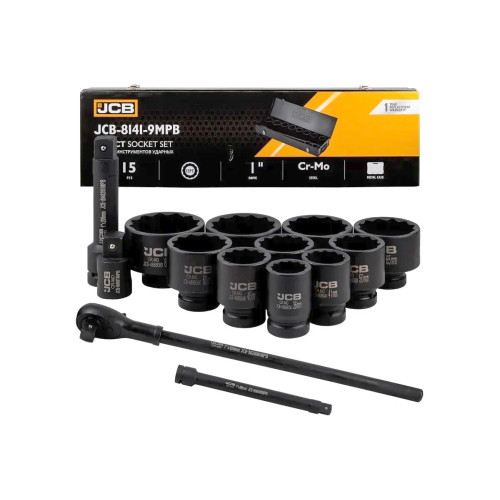 Набор ударных инструментов JCB 15 предметов 1" (12-гранные) 36-80 мм в металлическом кейсе JCB-8141-9MPB