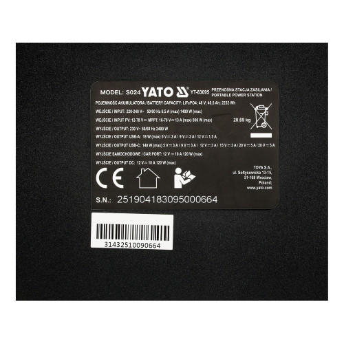 Портативная электростанция YATO LiFePO4 4500 Вт, 2232 Вт·ч 230V AC / USB YT-83095