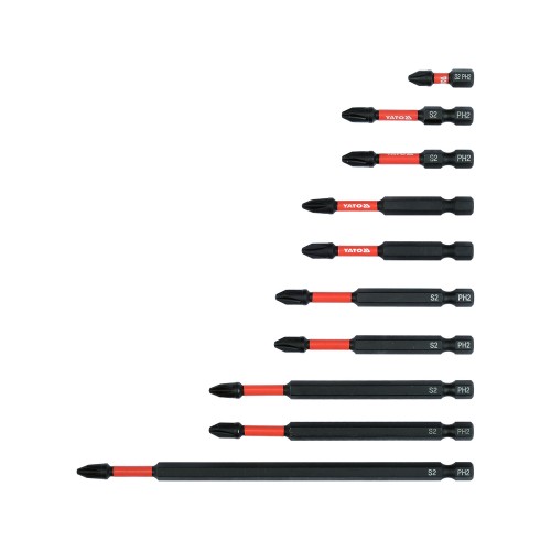 Ударные биты PH2 YATO 25/50/65/75/100/150 мм, шестигранник 1/4", 10 предметов YT-78073