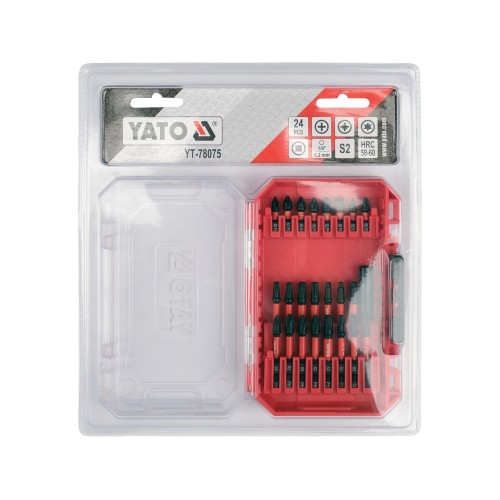Набор ударных бит YATO PH, PZ, SQ, Torx, с магнитным адаптером 1/4", 24 предмета YT-78075