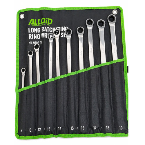 Набір ключів накидних подовжених з тріскачкою ALLOID NK-9703-10, 8-19 мм, 10 ел, 12-гранний профіль