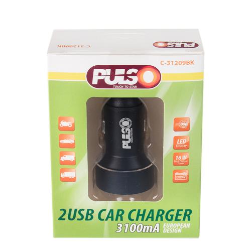 Автомобильное зарядное устройство PULSO, 2USB (12/24V - 5V 3,1A) + вольтметр (C-31209BK)