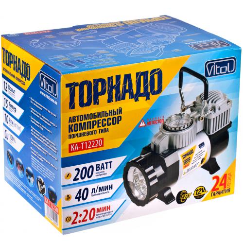 Компрессор "Торнадо" КА-Т12220 150psi/15Amp/40л/прикур.+переходник/фонарь/Автостоп (КА-Т12220)