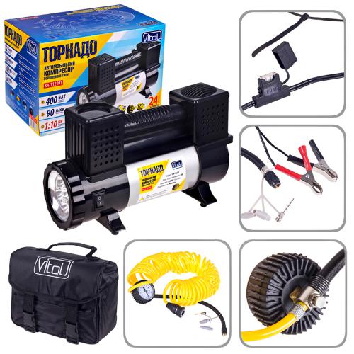 Компрессор "Торнадо" КА-Т12191 150psi/28Amp/90л/клеммы/фонарь/шланг 7,5м с дефлятором/2 цилиндра (КА-Т12191)