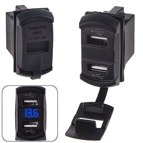 Автомобильное зарядное устройство 2 USB 12-24V врезное + вольтметр (10258 USB-12-24V 2,1A BLU)