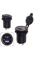 Автомобильное зарядное устройство 1 USB 12-24V врезное в планку + вольтметр (10247 USB-12-24V 2,1A BLU)