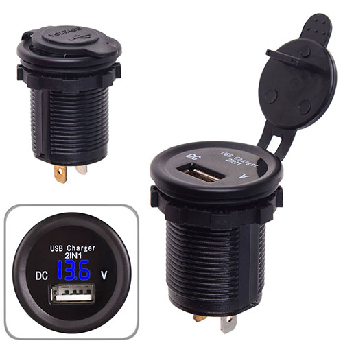 Автомобильное зарядное устройство 1 USB 12-24V врезное в планку + вольтметр (10247 USB-12-24V 2,1A BLU)