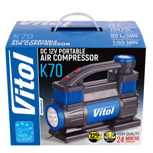 Компресор "ViTOL" К-70 150psi/23Amp/90л/2 циліндра/шланг 5,0м/клемне підключення K-70