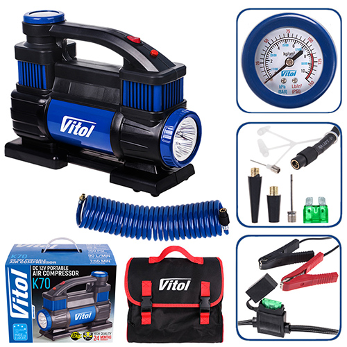 Компресор "ViTOL" К-70 150psi/23Amp/90л/2 циліндра/шланг 5,0м/клемне підключення K-70