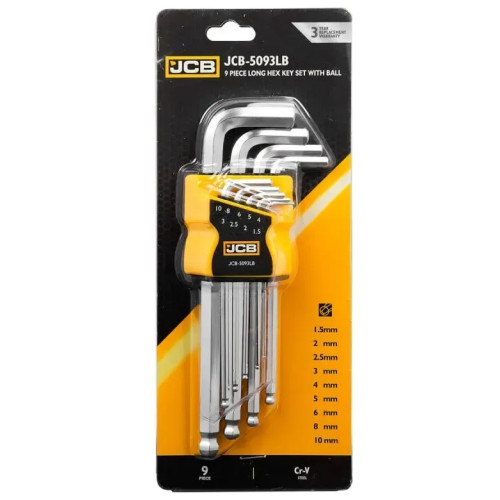 Набор Г-образных длинных шестигранных ключей с шаровым наконечником 9 ед. (1,5–10 мм) JCB Tools JCB-5093LB
