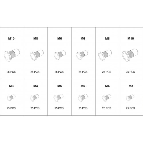 Набор заклепок стальных и алюминиевых резьбовых (нитогайки) для заклепочника МЗ-М10,-300шт. Yato YT-36480