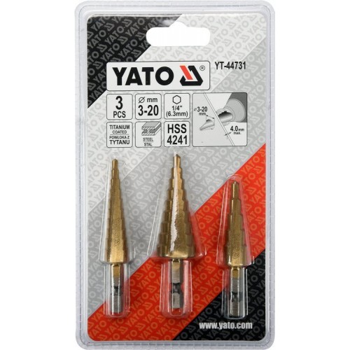 Набор сверл конических ступенчатых по металлу 3-20 мм HSS 4241 3 шт YATO YT-44731