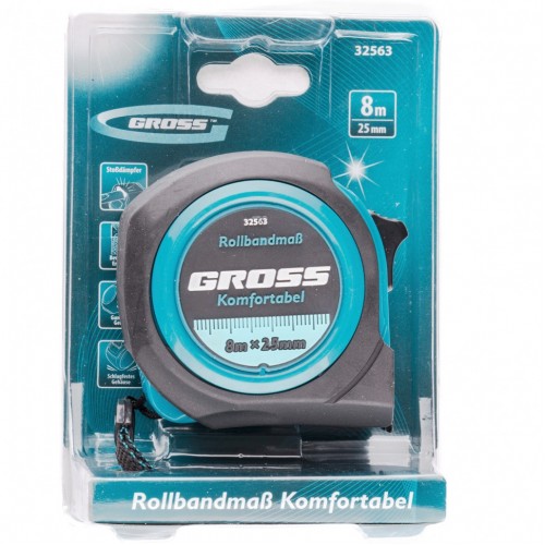 Рулетка Komfortabel 8 м х 25 мм, обрезиненный корпус Gross