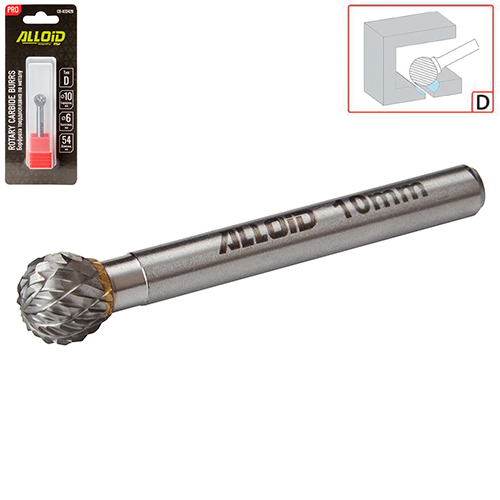 Борфреза твердосплавная по металлу Alloid Pro , тип D, D-10мм, d-6мм, L-54мм