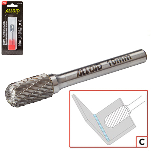 Борфреза твердосплавная по металлу Alloid Pro , тип C, D-10мм, d-6мм, L-65мм