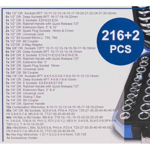 Набор инструментов комбированный 216+2пр. 1/4" 3/8", 1/2" (6граней) (4-32мм) SCHEPPACH SCH-38841+2