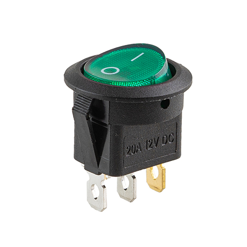 Переключатель on-off с подсветкой 12V круглый 3pin Green 23*23*16мм 20А (YJ-WF02B)