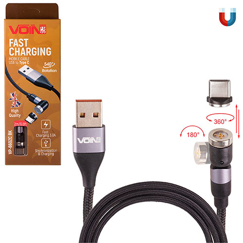 Кабель магнитный шарнирный VOIN USB - Type C 3А, 2m, black (быстрая зарядка/передача данных) (VP-6602C BK)