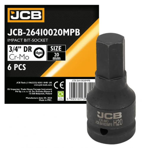 Бита литая ударная HEX под квадрат 3/4" 20 мм JCB Tools JCB-26410020MPB
