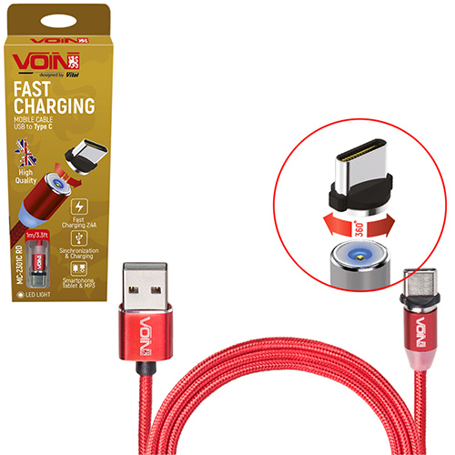 Кабель магнитный VOIN MC-2301C RD USB - Type C 2,4А, 1m, red (только зарядка) (MC-2301C RD)