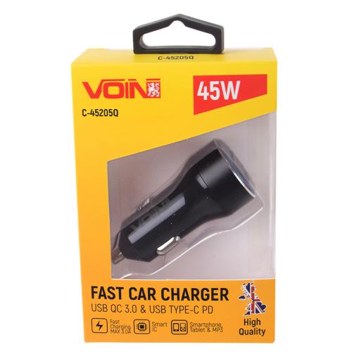 Автомобильное зарядное устройство VOIN 45W, 1USB QC3.0 18W + 1PD 27W, 12/24V (C-45205Q)