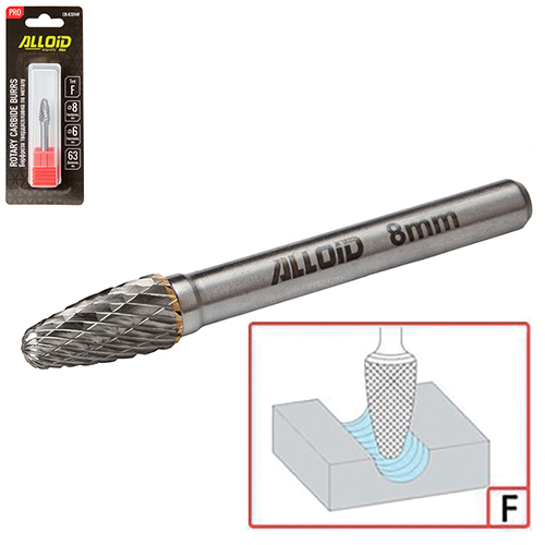Борфреза твердосплавная по металлу Alloid Pro , тип F,  D-8мм, d-6мм, L-63мм