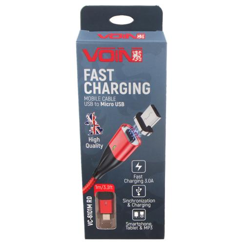 Кабель магнитный VOIN USB - Micro USB 3А, 1m, red (быстрая зарядка/передача данных) (VC-6101M RD)